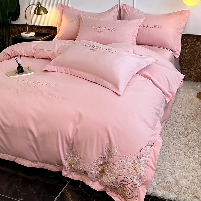 91家纺网 家纺一手货源 找家纺 梵克保罗 2025新款直播热卖长绒棉刺绣花边四件套-繁星系列 繁星-玫瑰粉