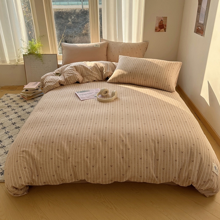 91家纺网 家纺一手货源 找家纺 三朵家纺 2025新款全棉双层纱混搭四件套 曙光-咖