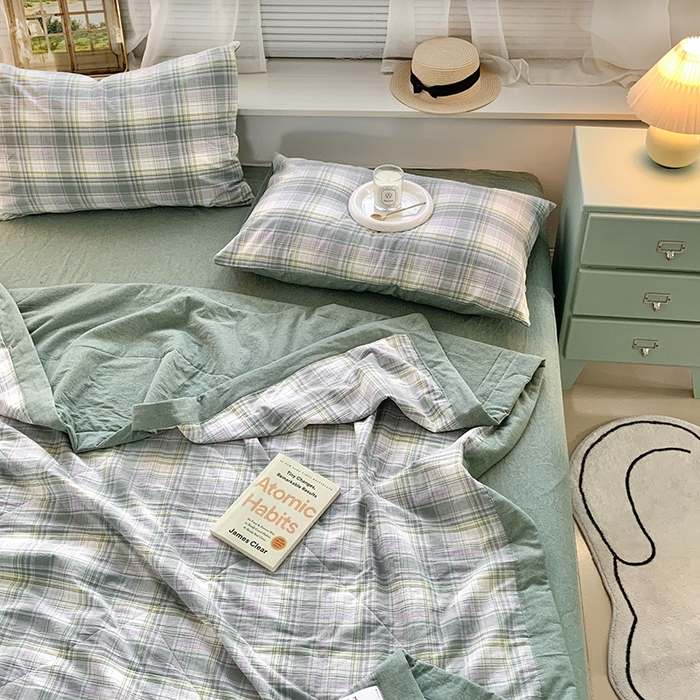 91家纺网 家纺一手货源 找家纺 水洗的故事 2025新款全棉色织水洗棉棉花夏被被子被芯 仙踪绿格