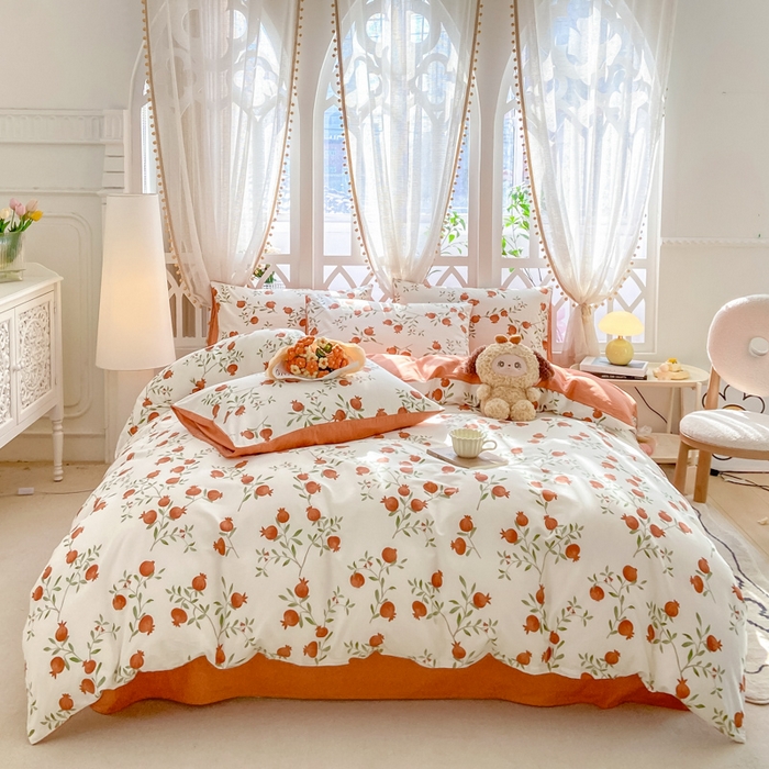 91家纺网 家纺一手货源 找家纺 宜家坊 2025早春新品全棉纯棉喷气13070小清新印花纯棉四件套-风格二 红了石榴