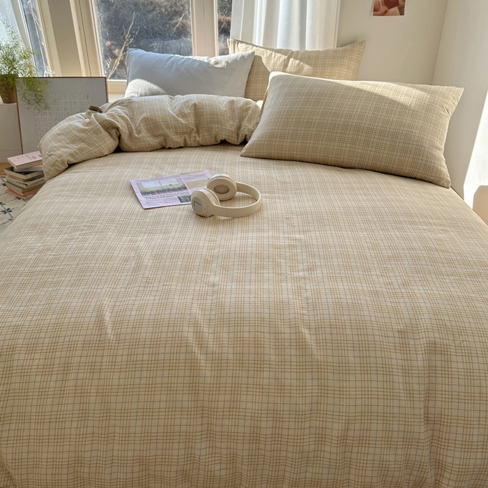 91家纺网 家纺一手货源 找家纺 三朵家纺 2025新款全棉双层纱混搭四件套 沐光-咖