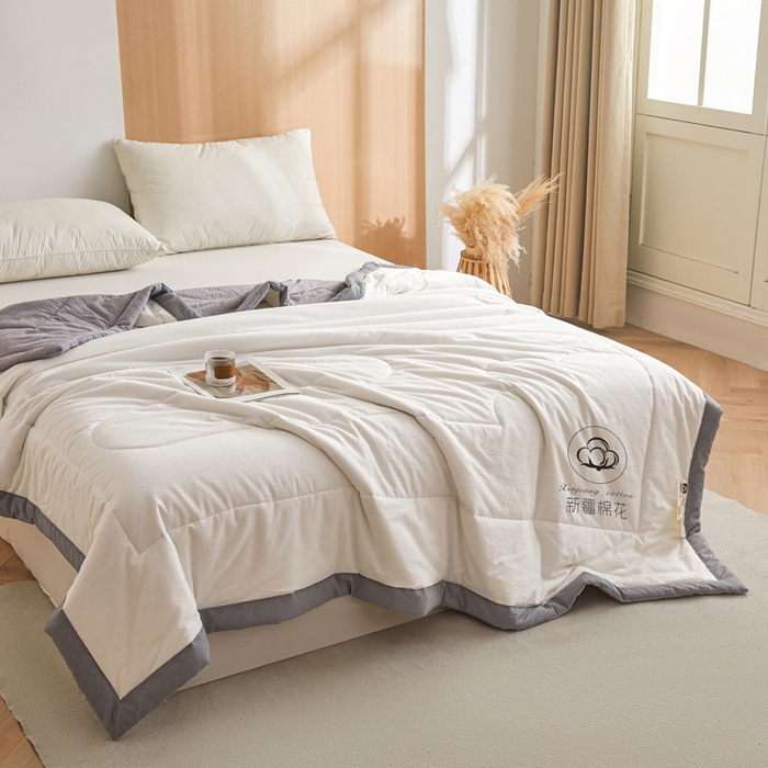 91家纺网 家纺一手货源 找家纺 熙宴家纺 2025新款水洗棉100%新疆棉花夏被-棉白 棉白+灰