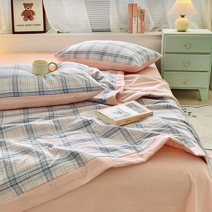 91家纺网 家纺一手货源 找家纺 水洗的故事 2025新款全棉色织水洗棉棉花夏被被子被芯 晚星粉格