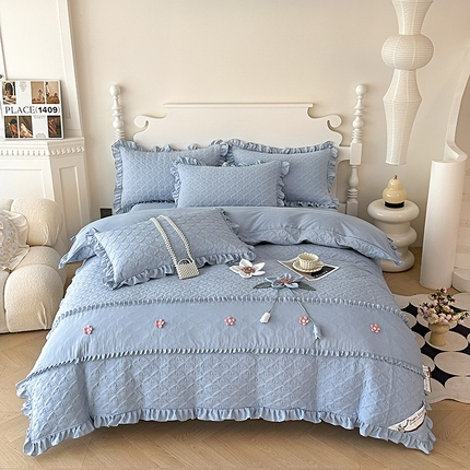 兴美佳家纺 2025新款全加棉泡泡棉亲肤绗缝四件套-爱的家园 爱的家园-浅兰