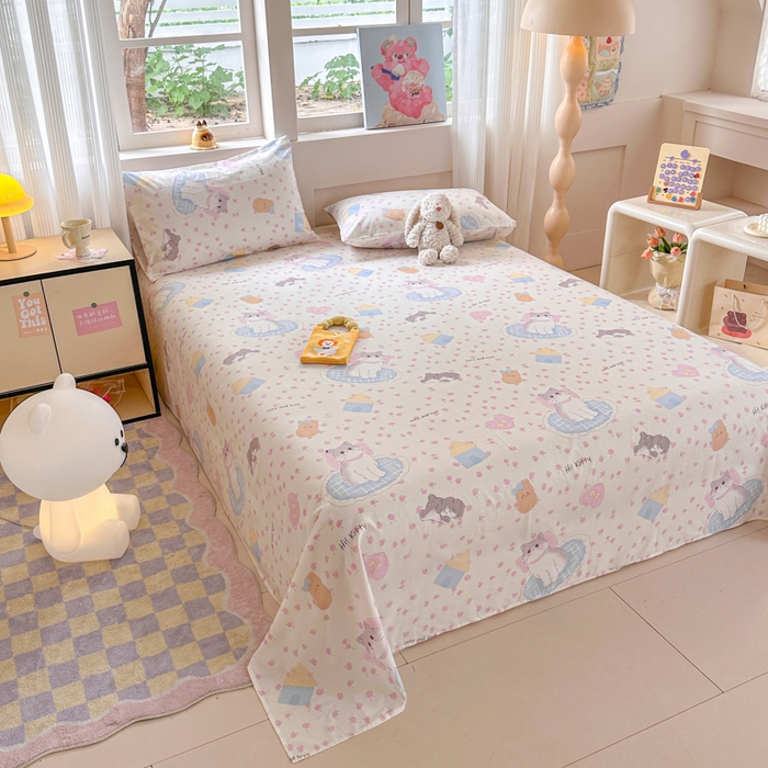 91家纺网 家纺一手货源 找家纺 吉象家纺 2025新款高支密全棉印花单品系列-单床单 喵喵聚会