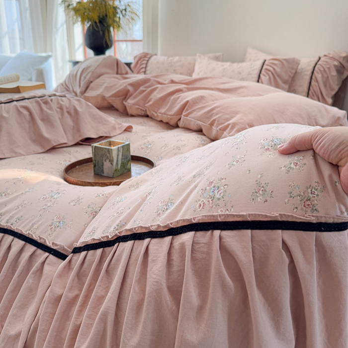 91家纺网 家纺一手货源 找家纺 沐慕 2025新款法式针织双层纱印花系列四件套 春和