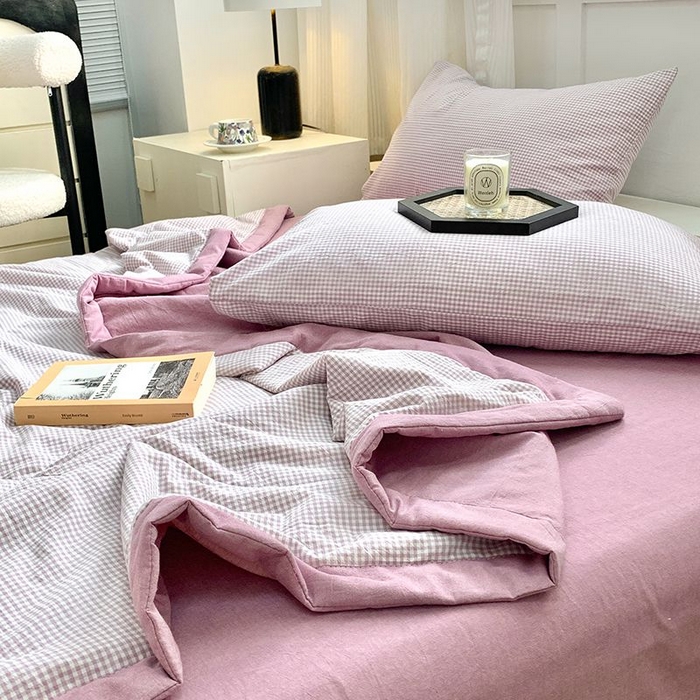 91家纺网 家纺一手货源 找家纺 水洗的故事 2025新款全棉色织水洗棉夏被&四件套 小格紫