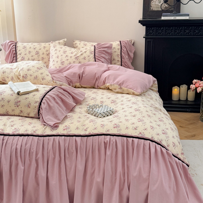 91家纺网 家纺一手货源 找家纺 沐慕 2025新款法式针织双层纱印花系列四件套 赛琳娜