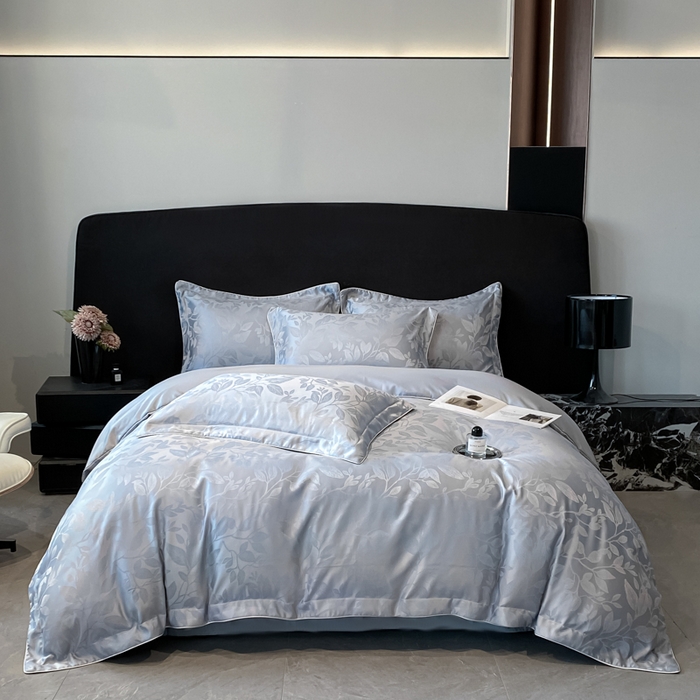 91家纺网 家纺一手货源 找家纺 米彩家纺 2025新款A类水洗真丝天丝提花四件套 叶琉璃浅灰