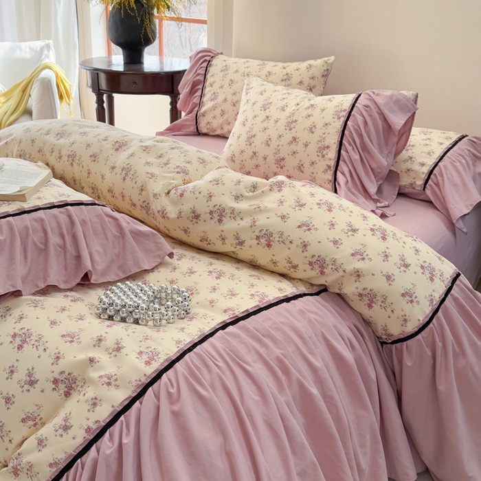 91家纺网 家纺一手货源 找家纺 沐慕 2025新款法式针织双层纱印花系列四件套 赛琳娜