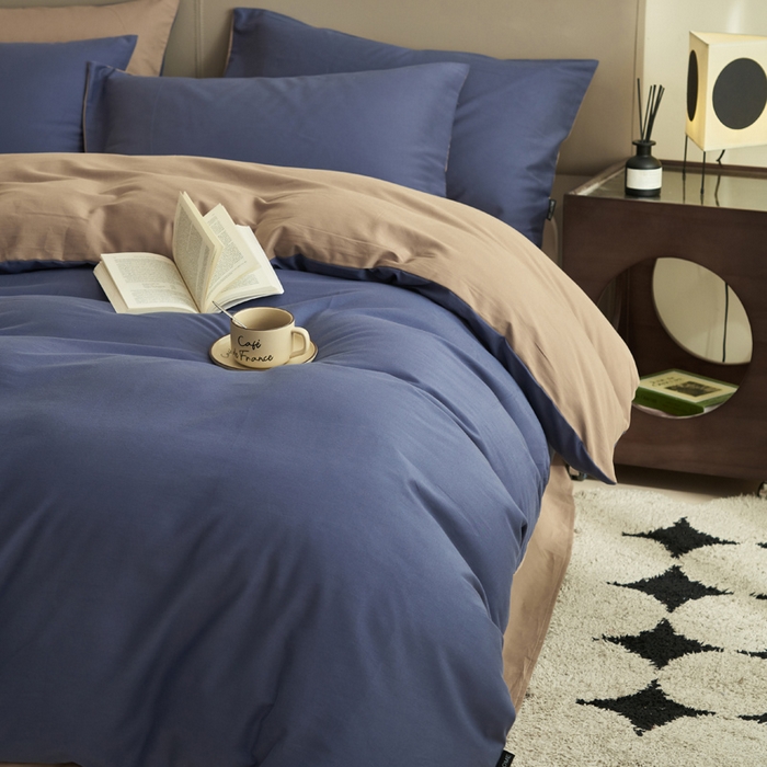 91家纺网 家纺一手货源 找家纺 2025新款全棉13372水洗棉双拼四件套（影棚暗光） 布鲁兰+拾柴