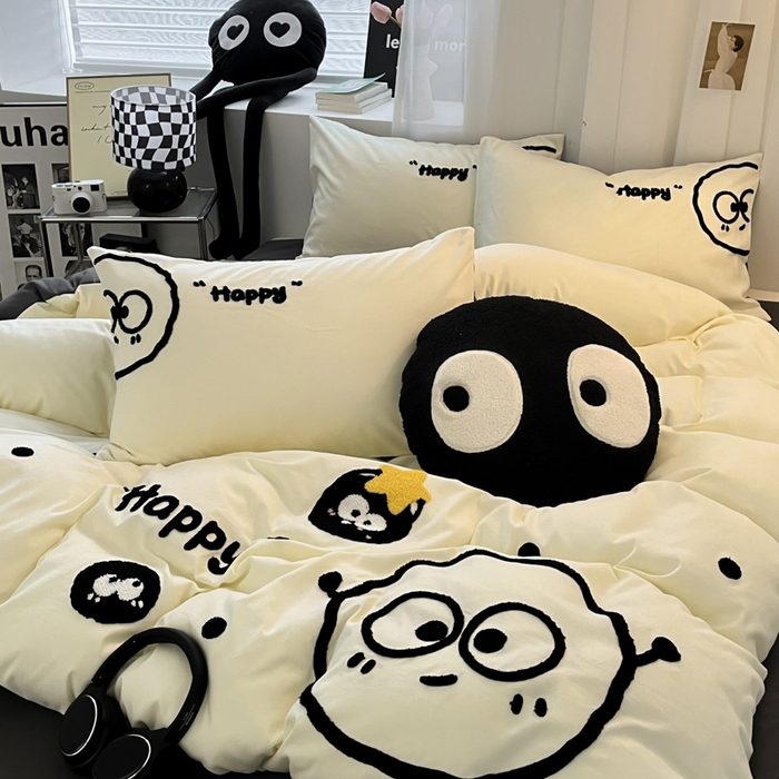 91家纺网 家纺一手货源 找家纺 沐慕 2025新款简约亲肤毛巾绣四件套 黑球球-米灰