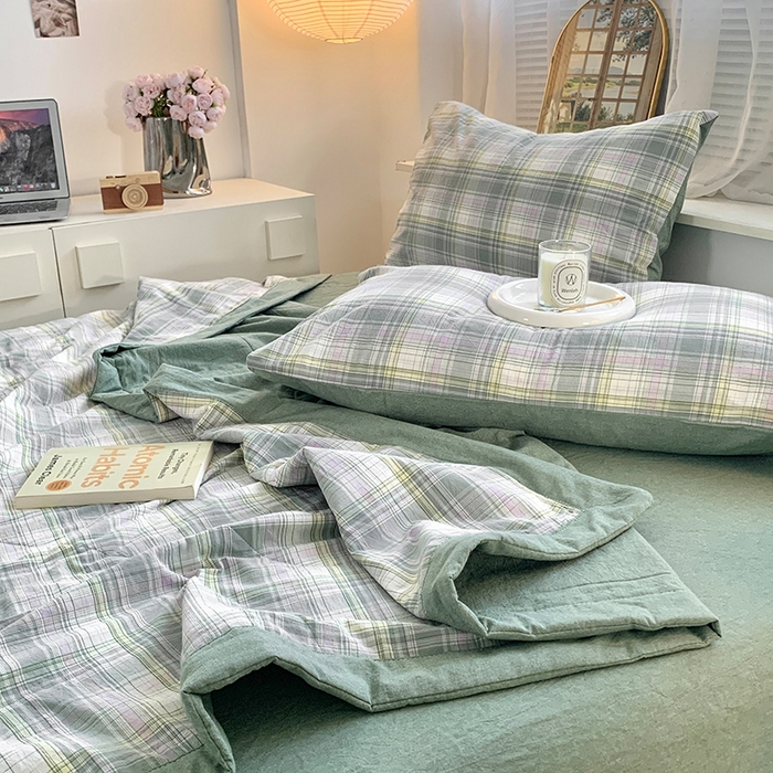 91家纺网 家纺一手货源 找家纺 水洗的故事 2025新款全棉色织水洗棉棉花夏被被子被芯 仙踪绿格