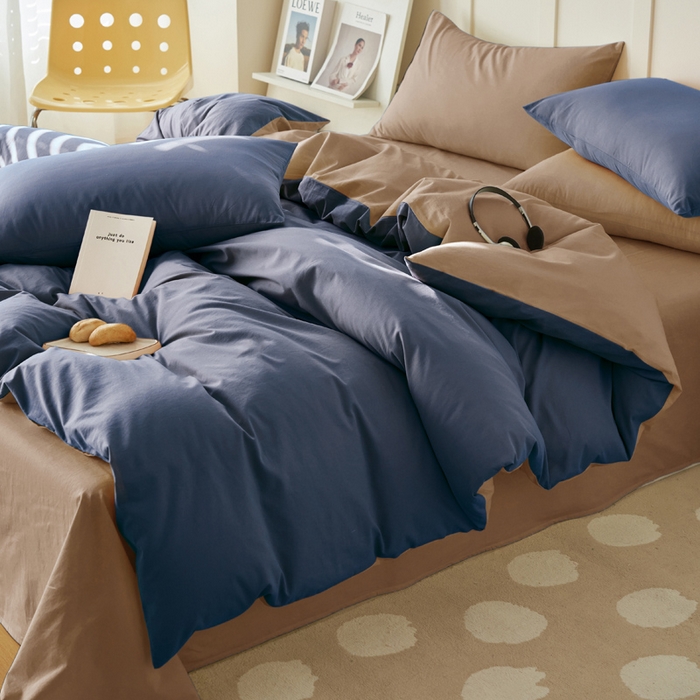 91家纺网 家纺一手货源 找家纺 2025新款全棉13372水洗棉双拼四件套（自然光） 布鲁兰+拾柴