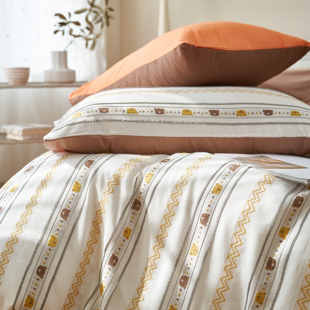 91家纺网 家纺一手货源 找家纺 金丝鸟家纺 2025新款专版全棉三层纱提花四件套波纹小熊系列 波纹小熊桔