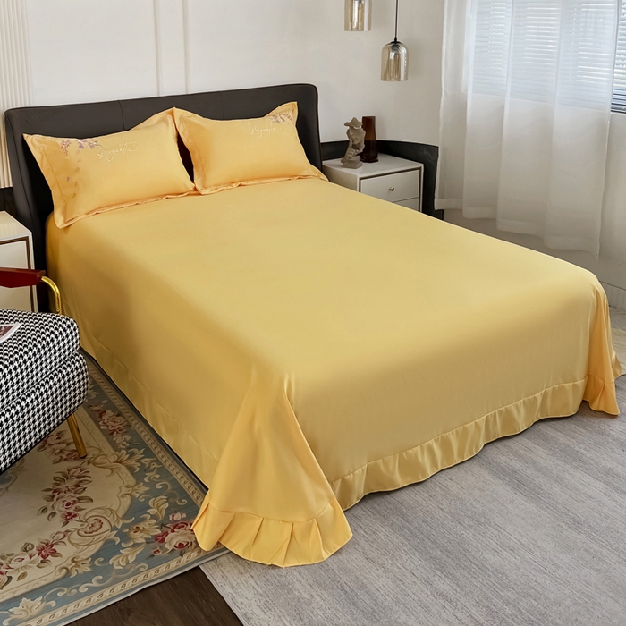 91家纺网 家纺一手货源 找家纺 梵克保罗 2025新款直播热卖长绒棉刺绣花边四件套-莉薇系列 莉薇-柠檬黄