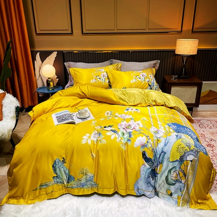 91家纺网 家纺一手货源 找家纺 梵克保罗 2025春夏新款天丝数码大版印花四件套 奥洛琳-金