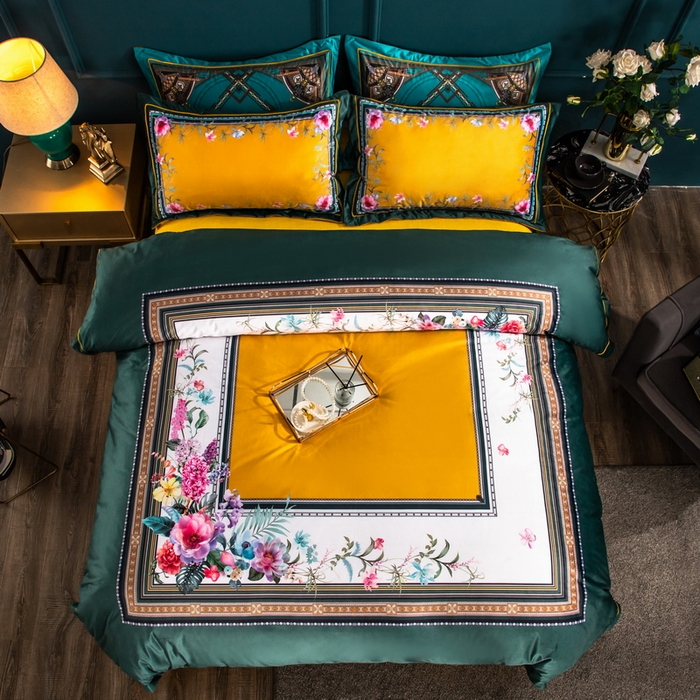 91家纺网 家纺一手货源 找家纺 梵克保罗 2025春夏新款天丝数码大版印花四件套 迈凯伦-绿