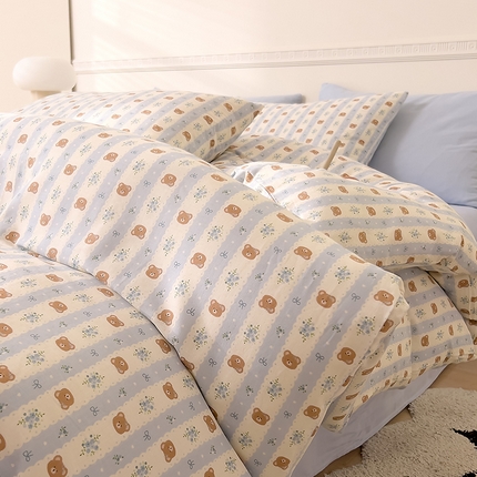 DoDo 兜兜 2025新款全棉双层纱印花四件套（可定做尺寸） 条纹小熊-蓝