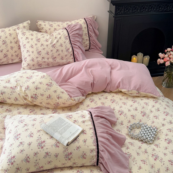 91家纺网 家纺一手货源 找家纺 沐慕 2025新款法式针织双层纱印花系列四件套 赛琳娜