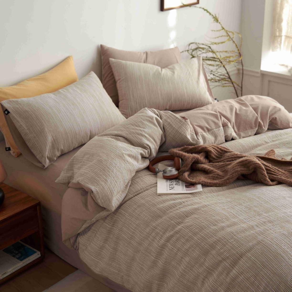 91家纺网 家纺一手货源 找家纺 安莱生活 2025新款60s色织大提花秘境条纹四件套系列 卡其混条