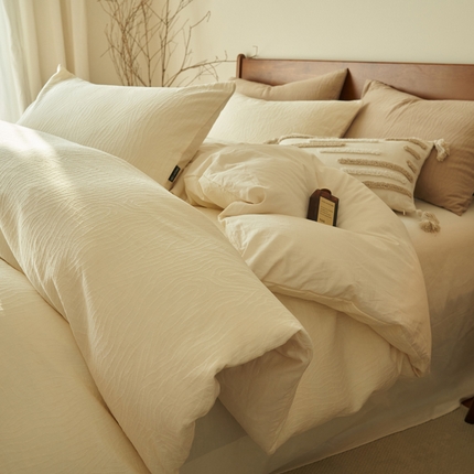 2025新款纯棉水洗棉三层树纹提花四件套 三层纱树皮纹四件套-本白