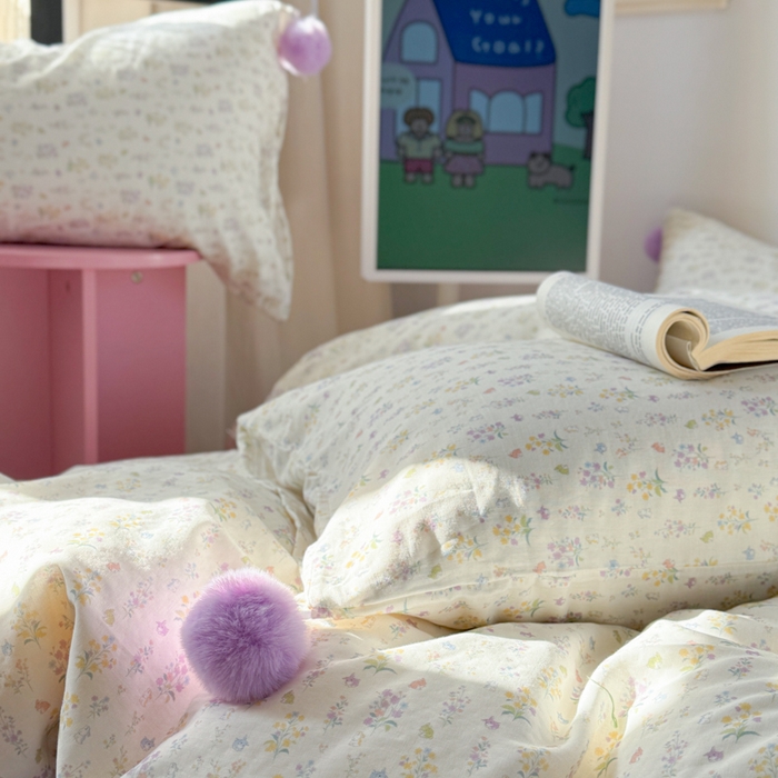 91家纺网 家纺一手货源 找家纺 金爱家 2025新款亲肤舒适纯棉双层纱四件套 双层纱-紫碎花小兔