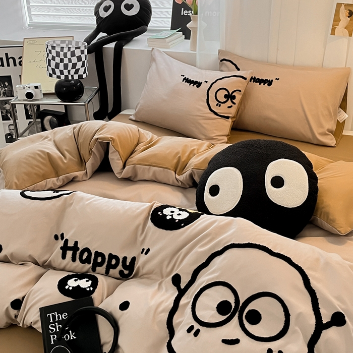 91家纺网 家纺一手货源 找家纺 沐慕 2025新款简约亲肤毛巾绣四件套 黑球球-卡其