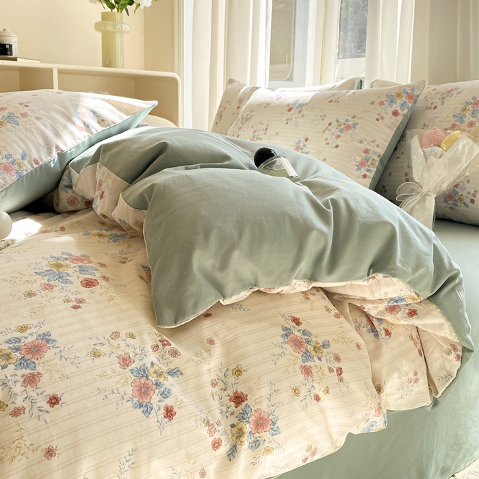 91家纺网 家纺一手货源 找家纺 宜家坊 2025早春新品全棉纯棉喷气13070小清新印花纯棉四件套-风格二 淡雅花影