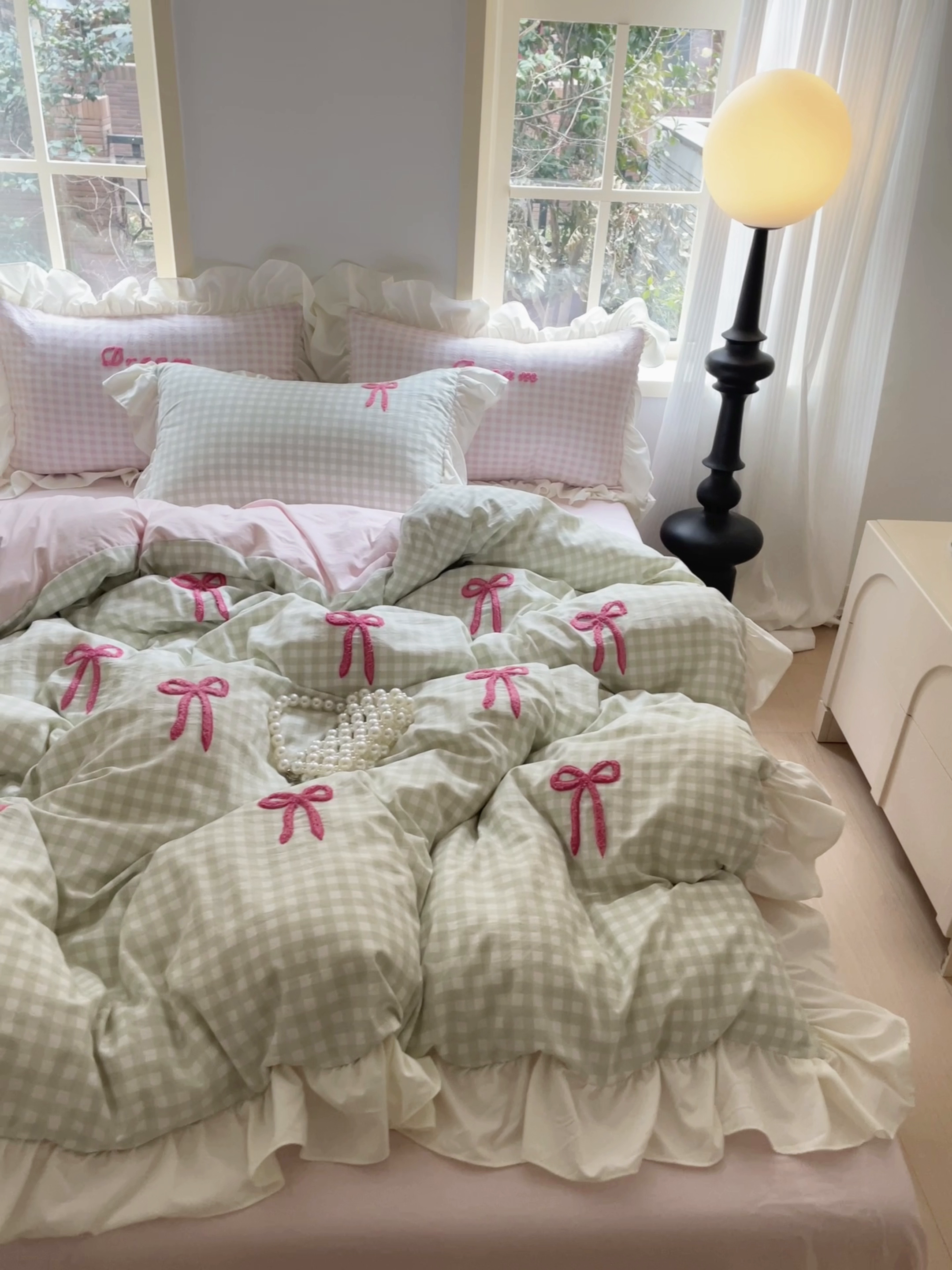 91家纺网 家纺一手货源 找家纺 沐辰2025春夏新款韩式花边款蝴蝶结四件套 韩式蝴蝶结-绿