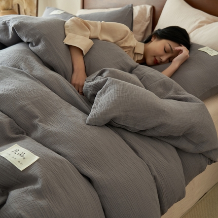 2025新款纯棉双层纱四件套 双层纱四件套-浅灰