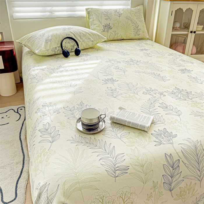 91家纺网 家纺一手货源 找家纺 名兮家居2025新款卡通简约时尚全棉老粗布床单 繁花-绿