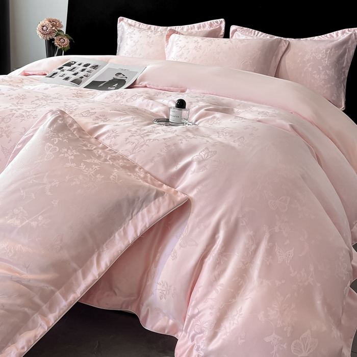 91家纺网 家纺一手货源 找家纺 米彩家纺 2025新款A类水洗真丝天丝提花四件套 雾中花影珍珠粉