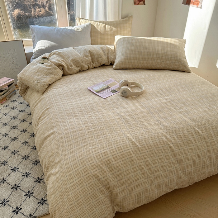 91家纺网 家纺一手货源 找家纺 三朵家纺 2025新款全棉双层纱混搭四件套 沐光-咖