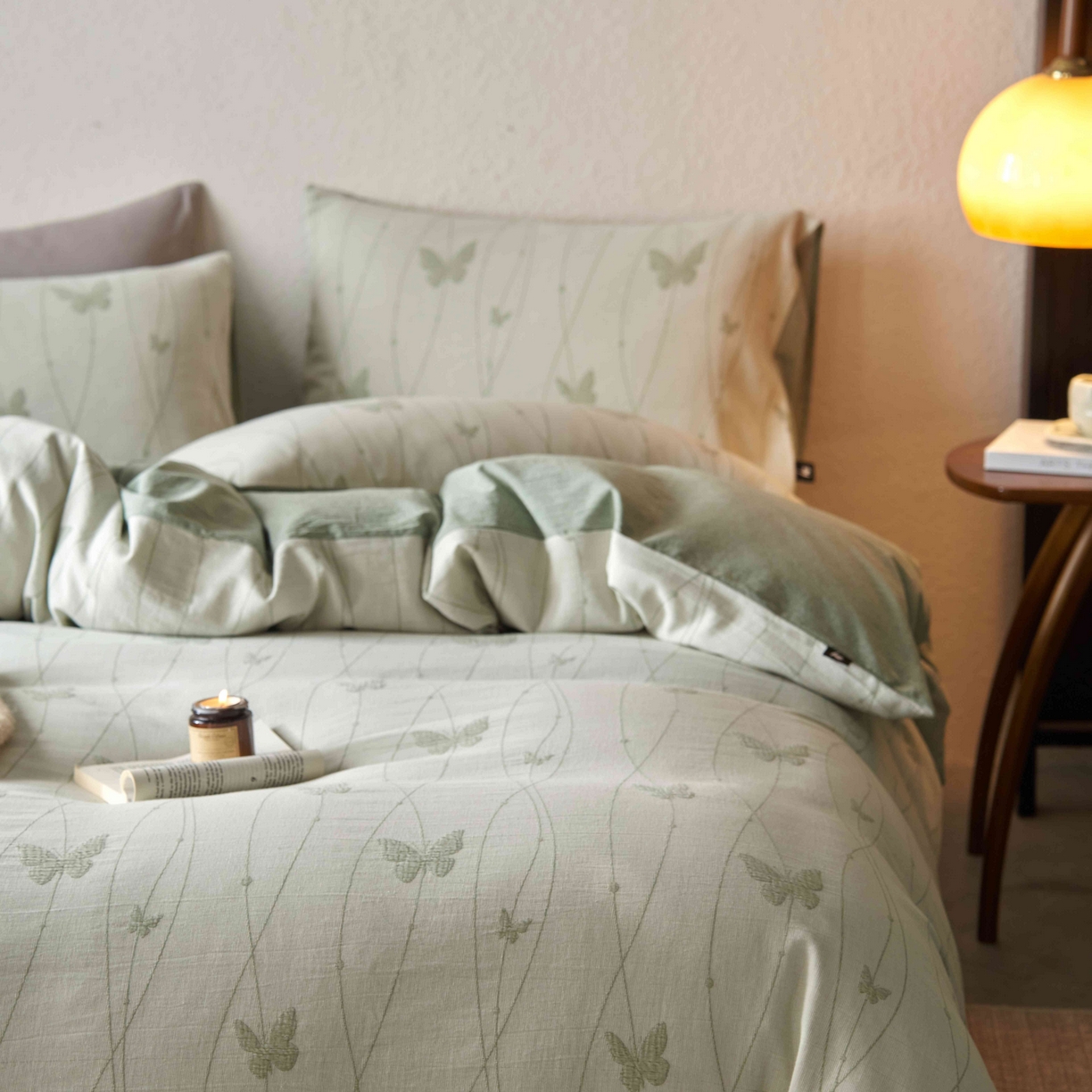 91家纺网 家纺一手货源 找家纺 安莱生活 2025新款60s双层纱色织大提花蝶舞翩翩四件套系列 蝶舞翩翩-草绿