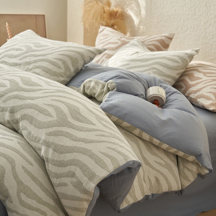 2025新款纯棉水洗棉三层斑马纹提花四件套 斑马纹四件套-浅蓝