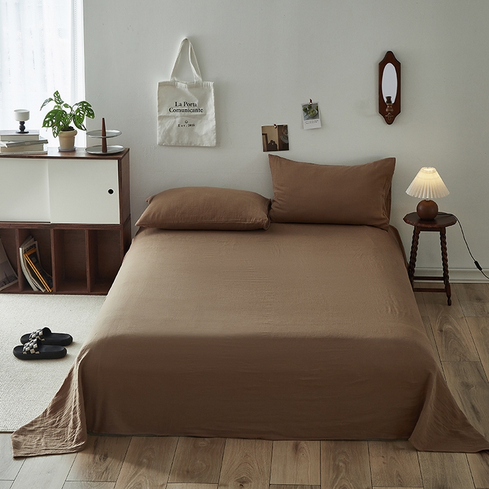 91家纺网 家纺一手货源 找家纺 水洗的故事 2025新款全棉A类皱皱纱纯色混搭四件套 摩卡