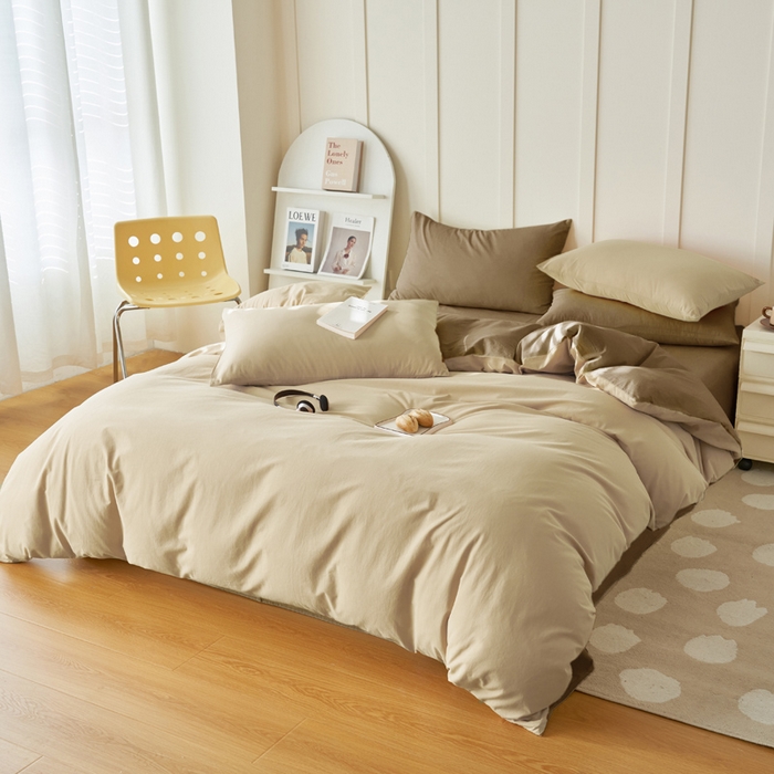 91家纺网 家纺一手货源 找家纺 2025新款全棉13372水洗棉双拼四件套（自然光） 40驼+暖木棕