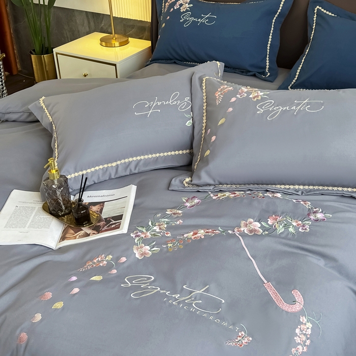 91家纺网 家纺一手货源 找家纺 梵克保罗 2025新款直播热卖长绒棉刺绣花边四件套-莉薇系列 莉薇-高级灰