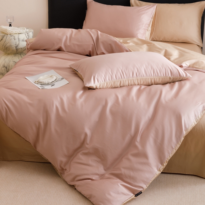 91家纺网 家纺一手货源 找家纺 2025新款60支纯棉长绒棉四件套 豆沙+香槟色