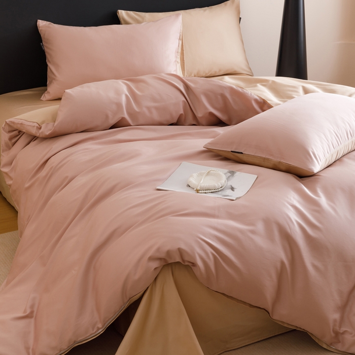 91家纺网 家纺一手货源 找家纺 2025新款60支纯棉长绒棉四件套 豆沙+香槟色