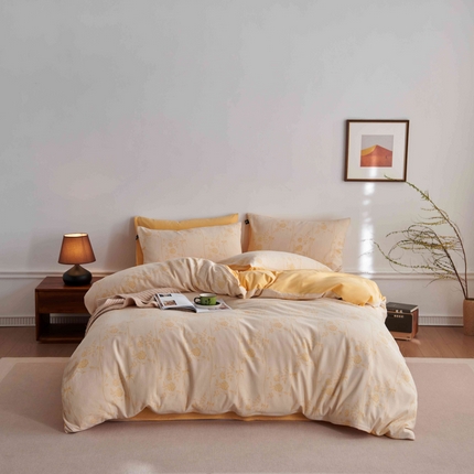 91家纺网 家纺一手货源 找家纺 安莱生活 2025新款60s双层纱色织大提花枝上玫瑰四件套系列 枝上玫瑰-嫩黄