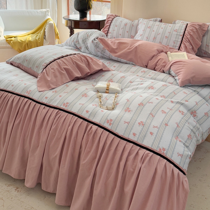 91家纺网 家纺一手货源 找家纺 沐慕 2025新款法式针织双层纱印花系列四件套 卡曼