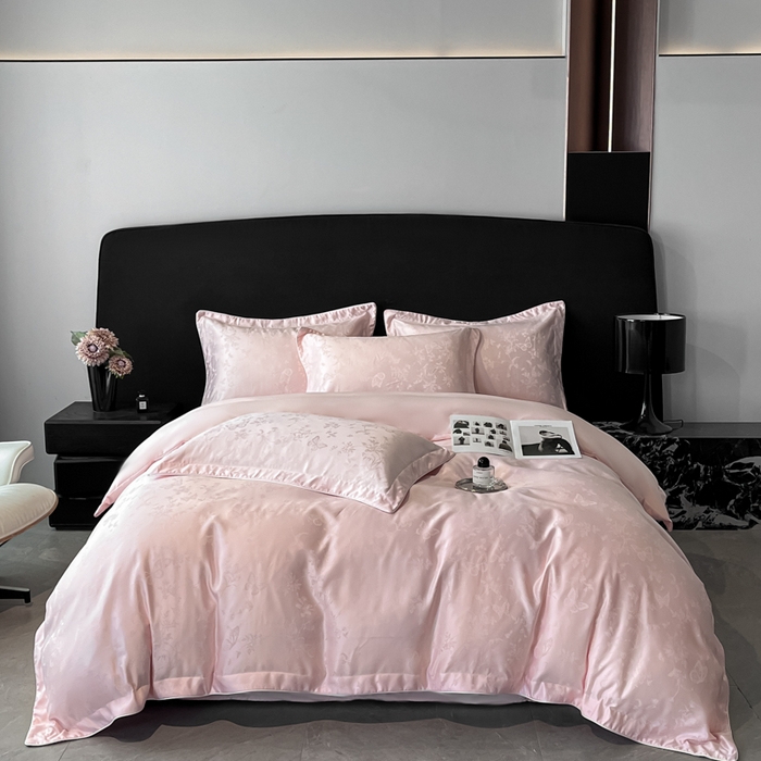 91家纺网 家纺一手货源 找家纺 米彩家纺 2025新款A类水洗真丝天丝提花四件套 雾中花影珍珠粉