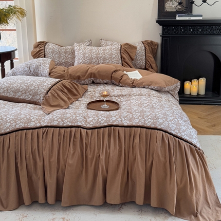 91家纺网 家纺一手货源 找家纺 沐慕 2025新款法式针织双层纱印花系列四件套 椿山集 咖