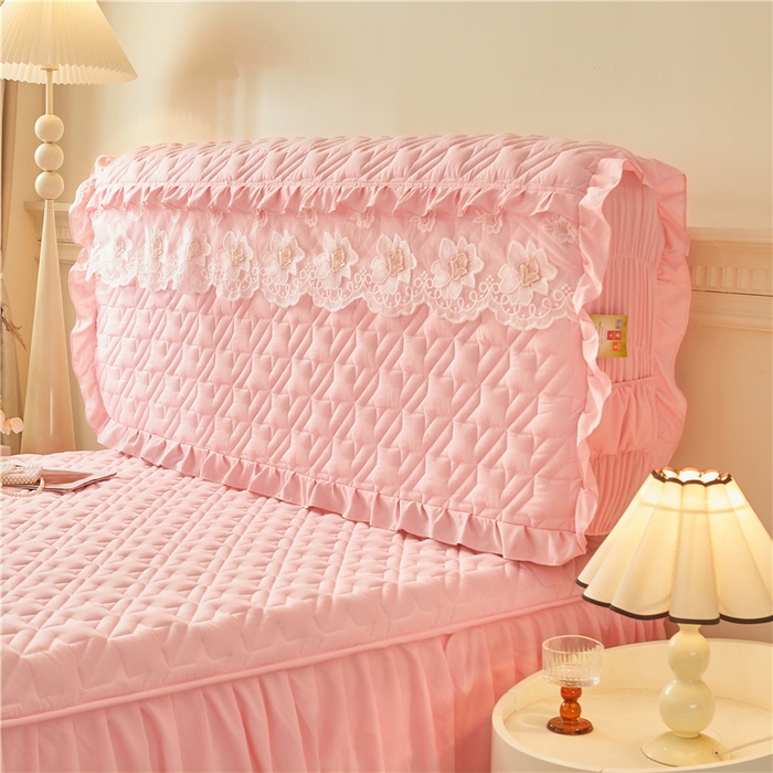 91家纺网 家纺一手货源 找家纺 十个点家纺 2025新款千鸟格磨毛绗缝夹棉纯色花边床头罩 经典玉粉