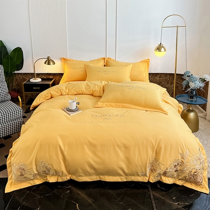 梵克保罗 2025新款直播热卖长绒棉刺绣花边四件套-繁星系列 繁星-柠檬黄