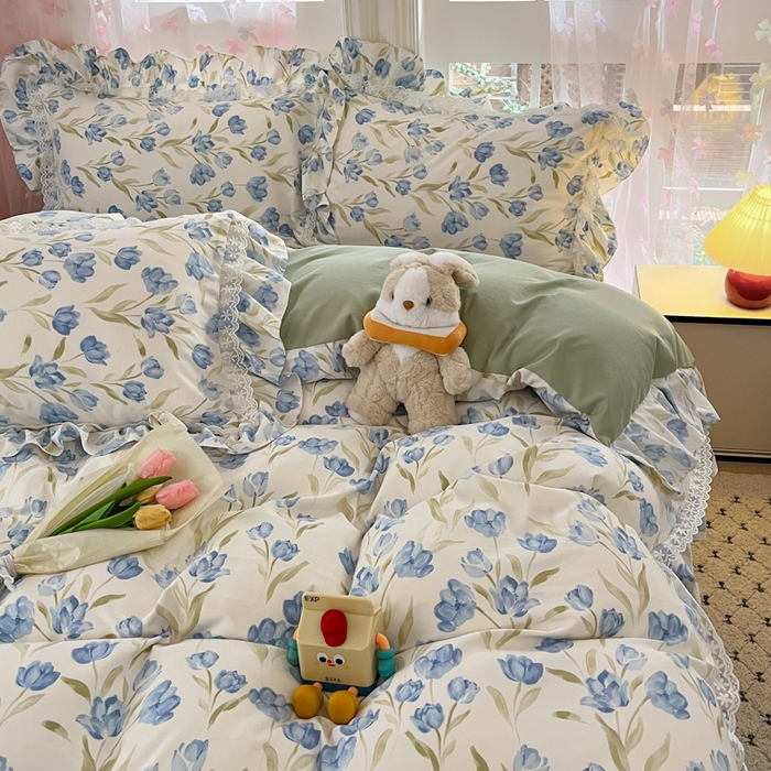 91家纺网 家纺一手货源 找家纺 喜梦缘家纺 2025A类公主风云柔棉工艺款四件套 蓝花梦影