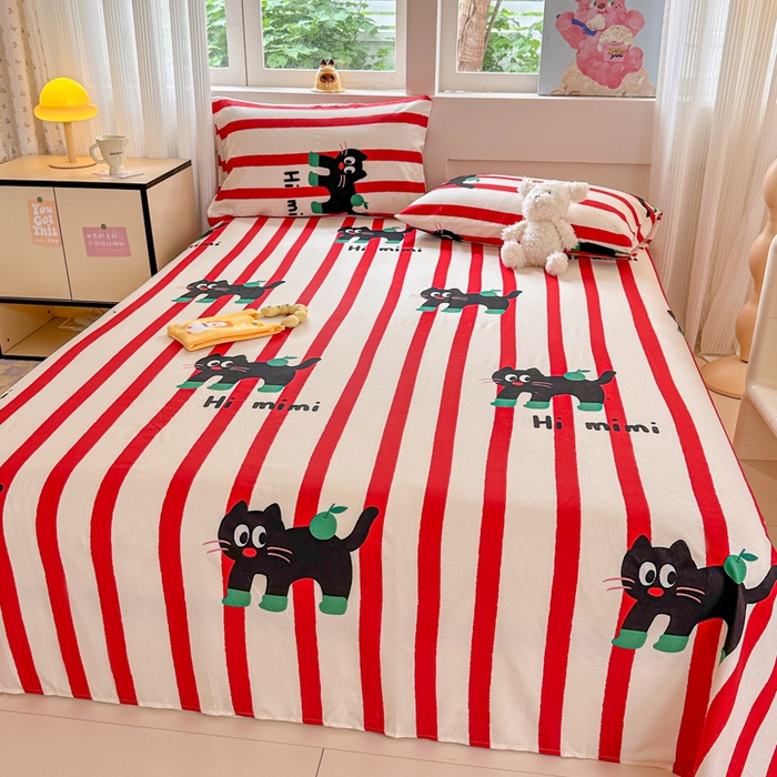 91家纺网 家纺一手货源 找家纺 吉象家纺 2025新款高支密全棉印花单品系列-单床单 红线条小黑猫