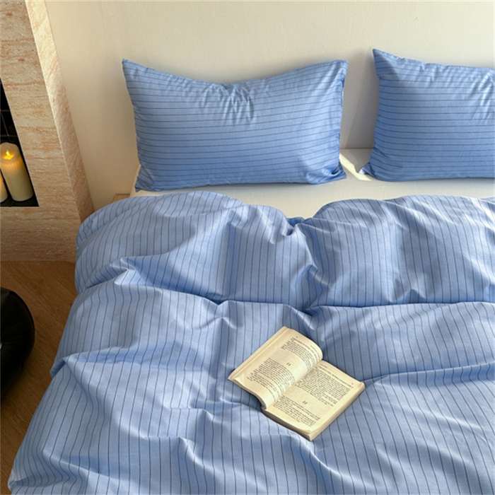 91家纺网 家纺一手货源 找家纺 金丝鸟家纺 2025新款全棉斜纹印花条纹系列四件套及单品 西冷蓝